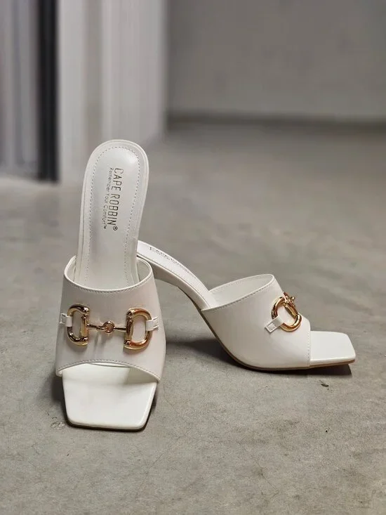 Square Toe White Heeled Mules With Gold Chain Detail - Elegant Slip-On Design Fo - Picture 10 of 14